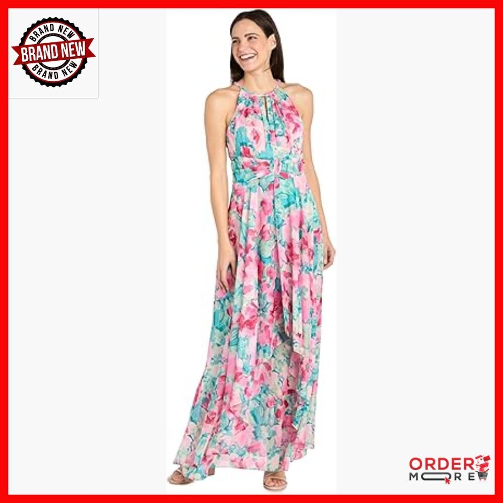 Floral Chiffon Maxi Dress Halter Neck Keyhole Formal Evening Gown